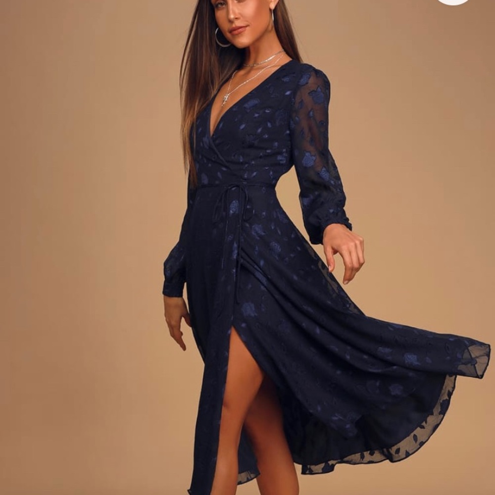 Navy Blue Floral Jacquard Wrap Midi Dress